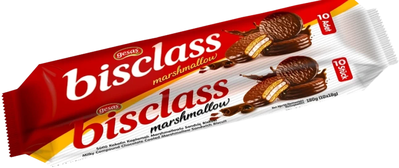 Gesaş Bisclass Sütlü Kokolin Kaplamalı Marşmelovlu Sandviç Bisküvi